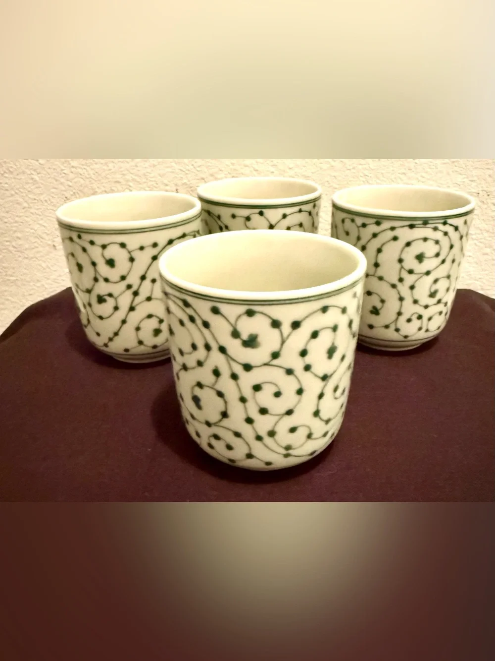 4 IKEA 8oz Entusiasm cups traditional green swirling vine pattern, white ceramic